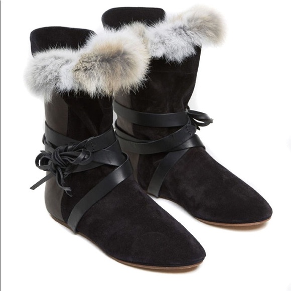 Isabel Marant NIA Gray Leather and Rabbit Fur Flat Boots - Picture 4 of 14